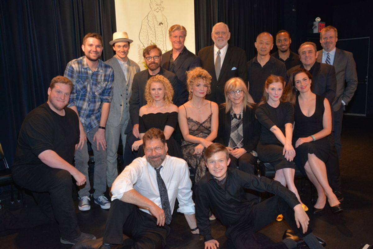 Stage Mangers Zachary Jenkins and Ben Shipley join with David Staller (Director) and the cast-Bryce Pinkham, Drew McVety, Karl Kanzler, Jim Brochu, Hank H. Kim, Brandon Jones, Michael McCormick, Bradford Cover, Margaret Loesser Robinson, Scarlett Strallen at 