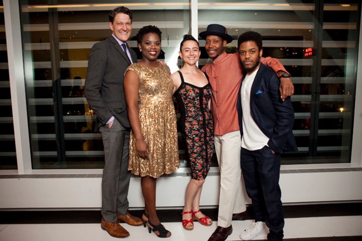 Gabriel Ebert, Jon Michael Hill, and Namir Smallwood with playwright Antoinette Nwandu and director Danya Taymor at 