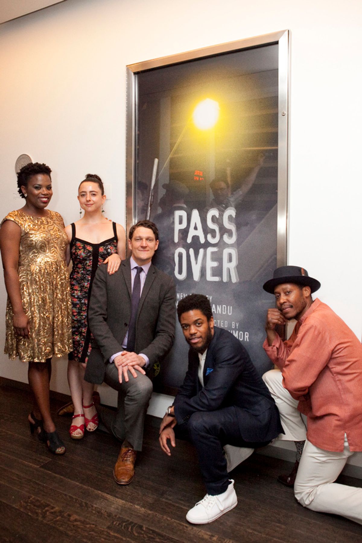 Gabriel Ebert, Jon Michael Hill, and Namir Smallwood with playwright Antoinette Nwandu and director Danya Taymor at 