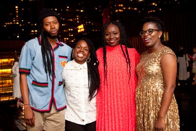Antoinette Nwandu (far right) celebrates opening night with fellow playwrights Jeremy Photo