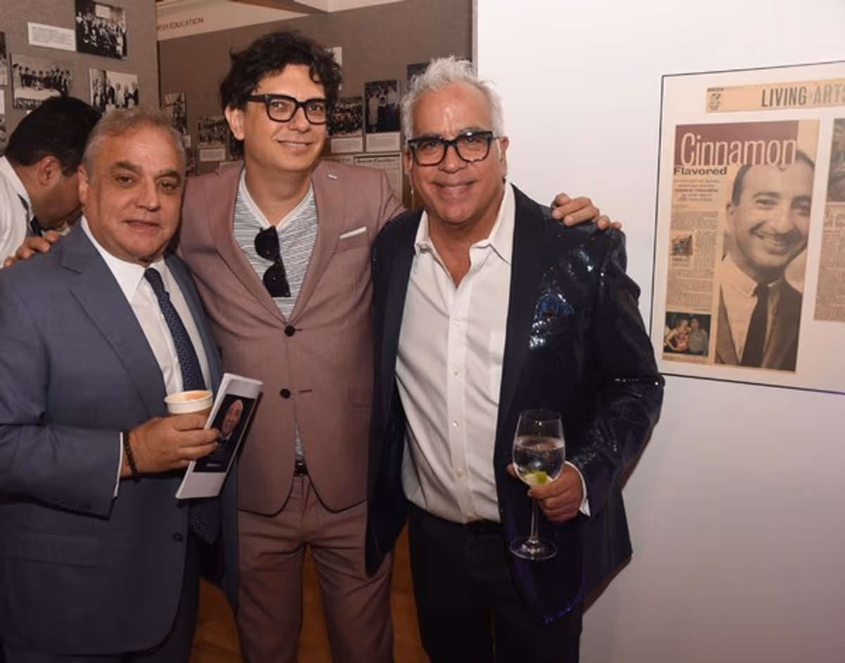Lee Brian Schrager, Manny Hernandez (co-originator of this exhibition, he is a celebrity
photographer) and Richard Jay-Alexander (also co-originator of this exhibition) at Museum Exhibit Honoring Publicist Charlie Cinnamon Opens at the Jewish Museum of Florida-FIU