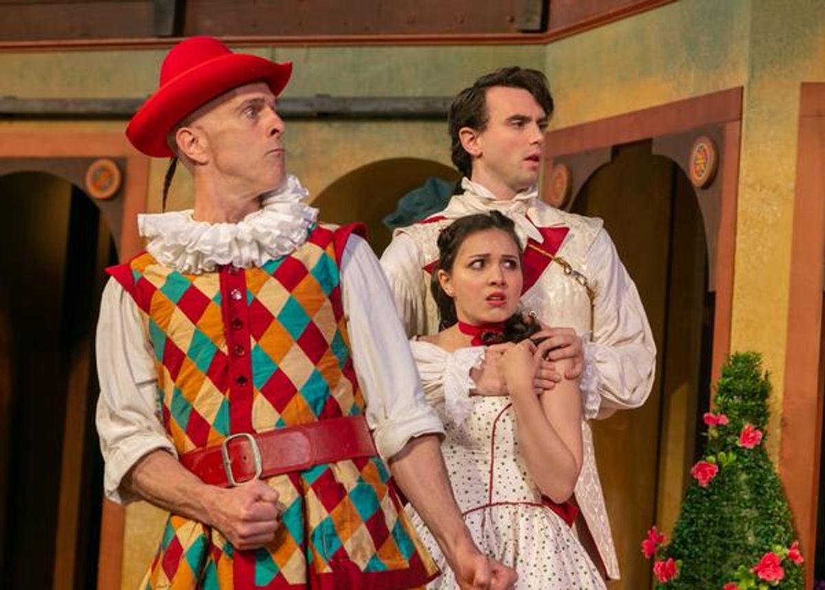 James Michael Reilly as Truffaldino, Miranda Rizzolo as Clarice, and Russell Sperberg as Silvio at 