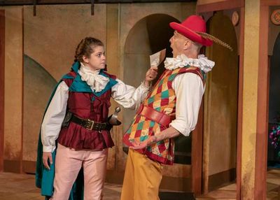 Izzie Steele as Beatrice Risponi and James Michael Reilly as Truffaldino Photo