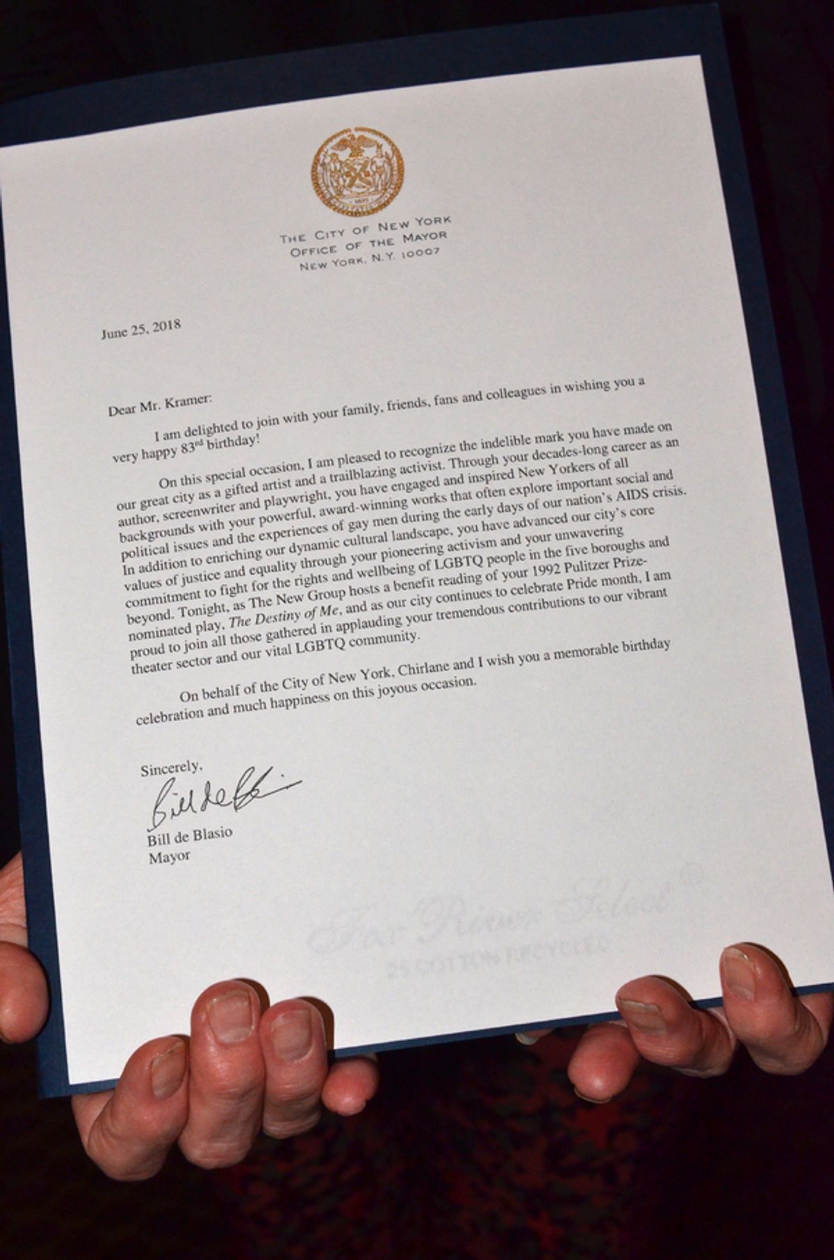 Note from Mayor Bill de Blasio to Larry Kramer at 