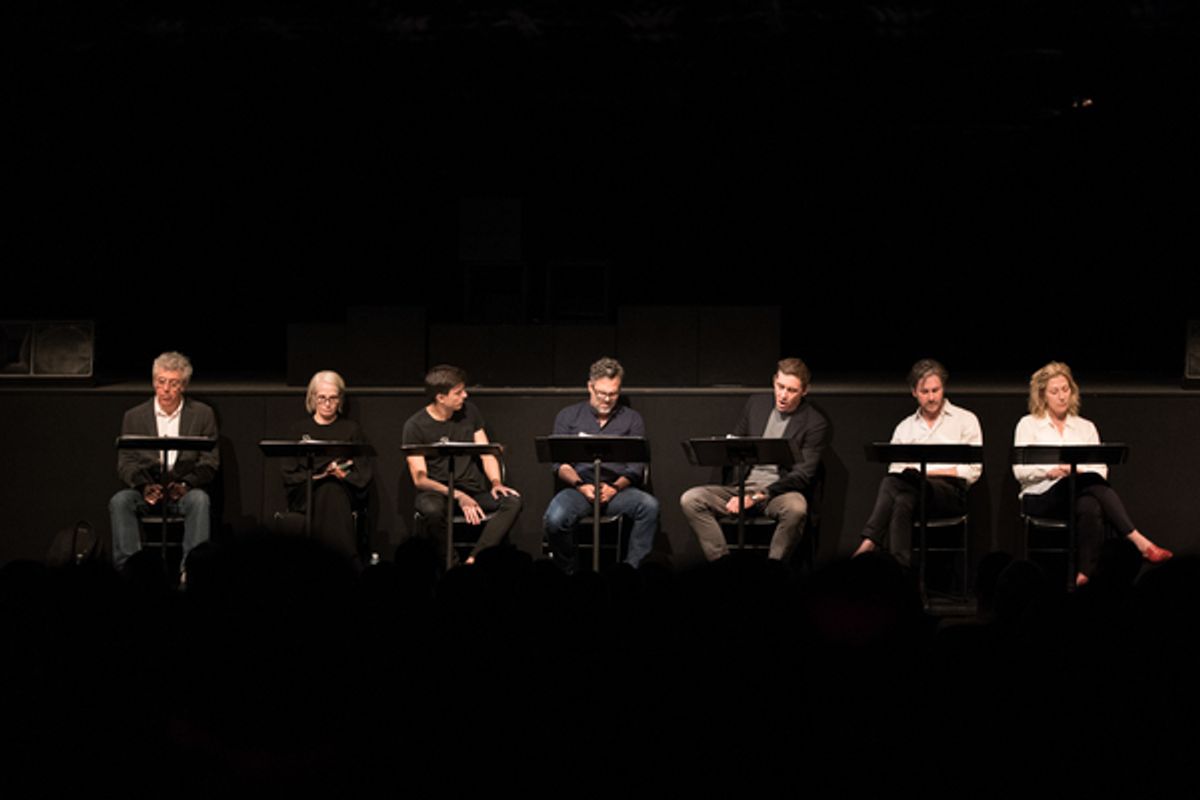 The cast of Destiny of Me (Eric Bogosian, Ellen Barkin, Gideon Glick, Mark Ruffalo, Lee Pace, Josh Hamilton with stage directions by Edie Flaco) at 