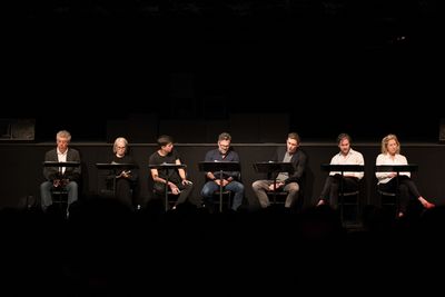 The cast of Destiny of Me (Eric Bogosian, Ellen Barkin, Gideon Glick, Mark Ruffalo, L Photo