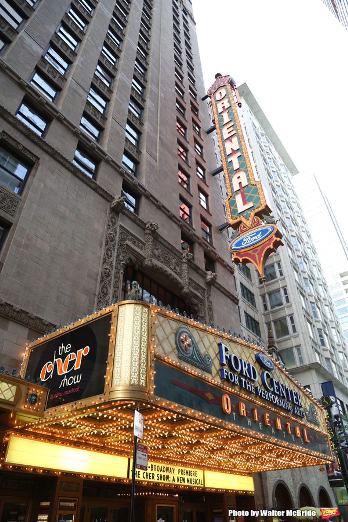 CHICAGO, IL - JUNE 28:  Theatre Marquee for the Opening Night Premiere of 'The Cher Show' at the Oriental Theatre on June 28, 2018 in Chicago.  (Photo by Walter McBride/Getty Images) at 