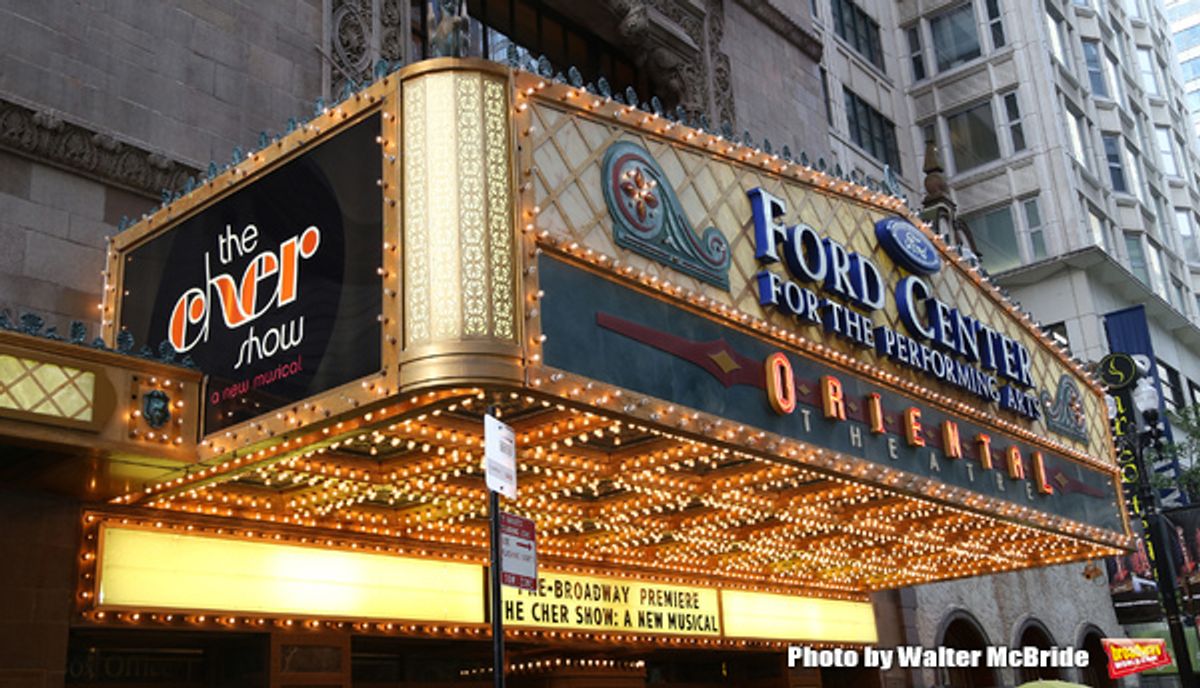 CHICAGO, IL - JUNE 28:  Theatre Marquee for the Opening Night Premiere of 'The Cher Show' at the Oriental Theatre on June 28, 2018 in Chicago.  (Photo by Walter McBride/Getty Images) at 