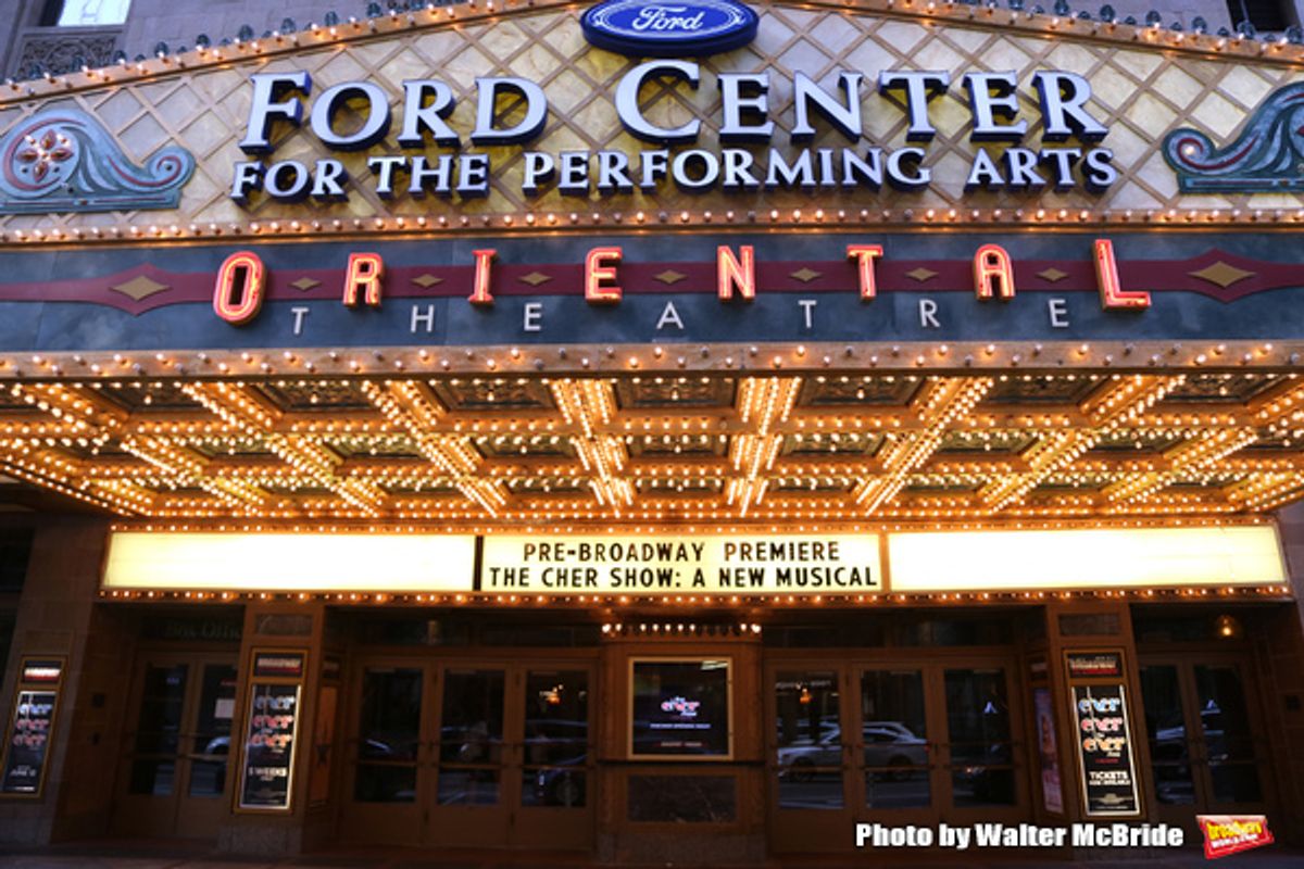 CHICAGO, IL - JUNE 28:  Theatre Marquee for the Opening Night Premiere of 'The Cher Show' at the Oriental Theatre on June 28, 2018 in Chicago.  (Photo by Walter McBride/Getty Images) at 