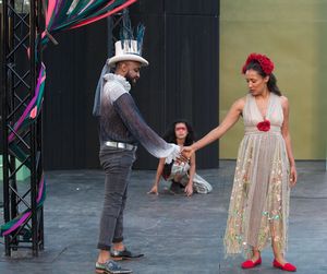 Evan Lewis Smith (Oberon), Aisha Kabia (Titania) and in back, Kelvin Morales (Puck) @ BroadwayWorld Evan Lewis Smith (Oberon), Aisha Kabia (Titania) and in back, Kelvin Morales (Puck) Photo