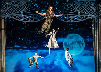 Peter Pan (Johnny Shea) leads the Darling siblings (Carter Graf, Elizabeth Stenholt,  Photo