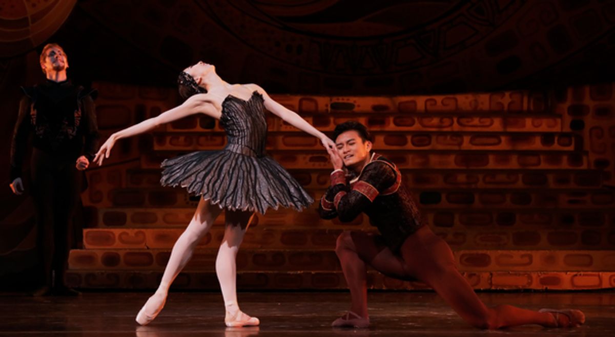 Houston Ballet Principals Yuriko Kajiya as Odile and Chun Wai Chan as Siegfried with Soloist Christopher Coomer as Rothbart in Stanton Welchâ€™s Swan Lake.   at 