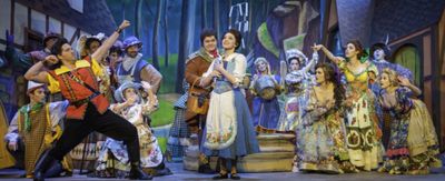 John Detty (Gaston), Ian Morel (Lefou), Emily Heck (Belle) and the cast of Beauty & t Photo