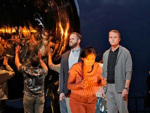 ANDREW HARRIS (EDWARD TELLER), RYAN MCKINNY (ROBERT OPPENDHEIMER), SUPERS, AND DANCER Photo