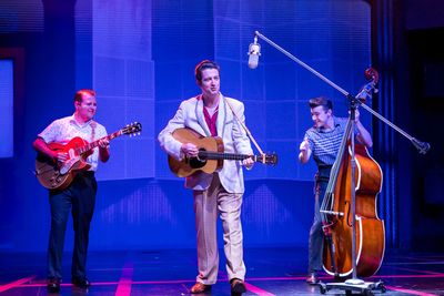 Matt Codina (Scotty Moore), Eddie Clendening (Elvis), Zach Lentino (Bill Black) Photo
