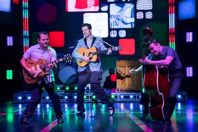 Matt Codina (Scotty Moore), Eddie Clendening (Elvis), Zach Lentino (Bill Black) Photo