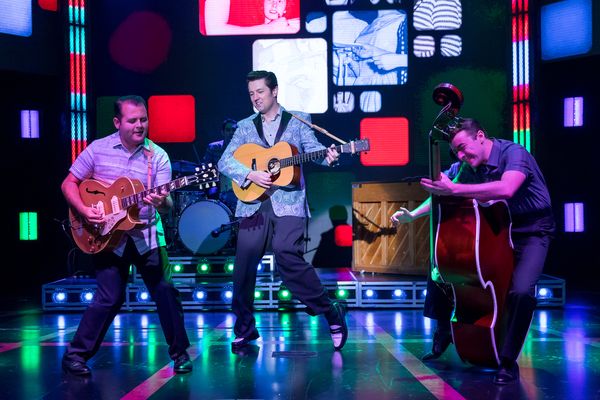 Matt Codina (Scotty Moore), Eddie Clendening (Elvis), Zach Lentino (Bill Black) Photo