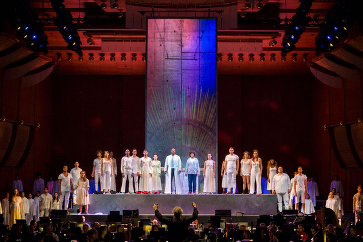 Mostly Mozart Festival Orchestra Music Director Louis LangrÃ©e, Nmon Ford, the Celebrant, Tenzin Gund-Morrow, boy soprano, and the cast and orchestra of Lincoln Centerâ€™s production of Leonard Bernsteinâ€™s MASS at 