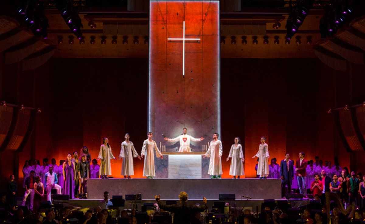 Mostly Mozart Festival Orchestra Music Director Louis LangrÃ©e, Nmon Ford, the Celebrant, and the cast and orchestra of Lincoln Centerâ€™s production of Leonard Bernsteinâ€™s MASS at 