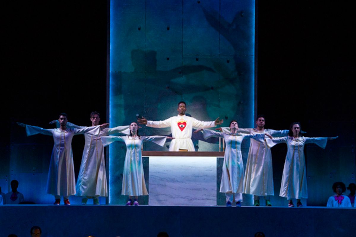 Nmon Ford, the Celebrant, and dancers in Lincoln Centerâ€™s production of Bernstein MASS at the 2018 Mostly Mozart Festival at 