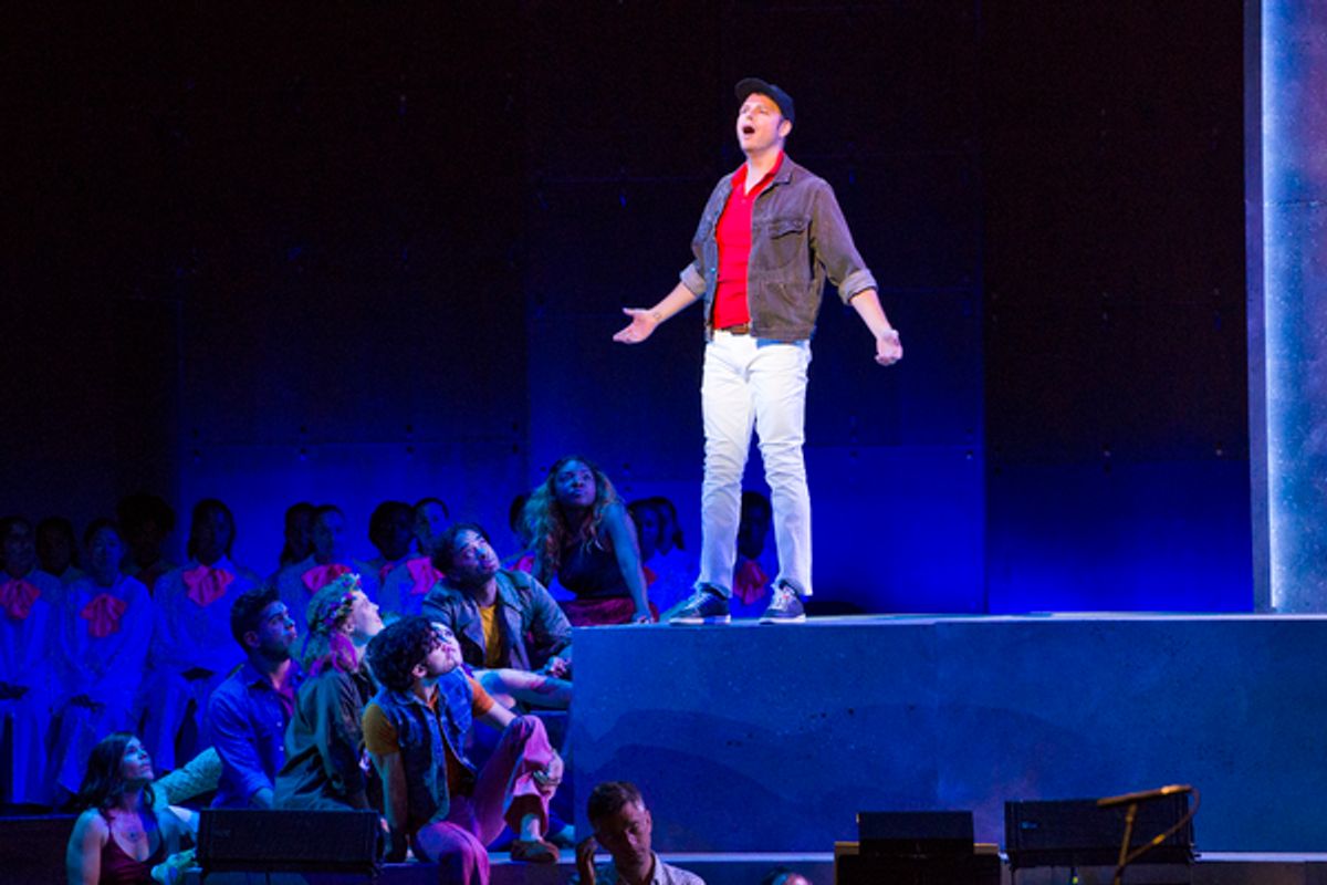 Brad Greer, a member of the Street Chorus, in Lincoln Centerâ€™s production of Leonard Bernsteinâ€™s MASS at the 2018 Mostly Mozart Festival at 