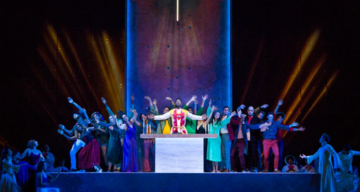 Nmon Ford, the Celebrant, members of the Street Chorus, and dancers in Lincoln Centerâ€™s production of Leonard Bernsteinâ€™s MASS at the 2018 Mostly Mozart Festival at 