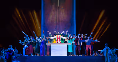 Nmon Ford, the Celebrant, members of the Street Chorus, and dancers in Lincoln Center Photo