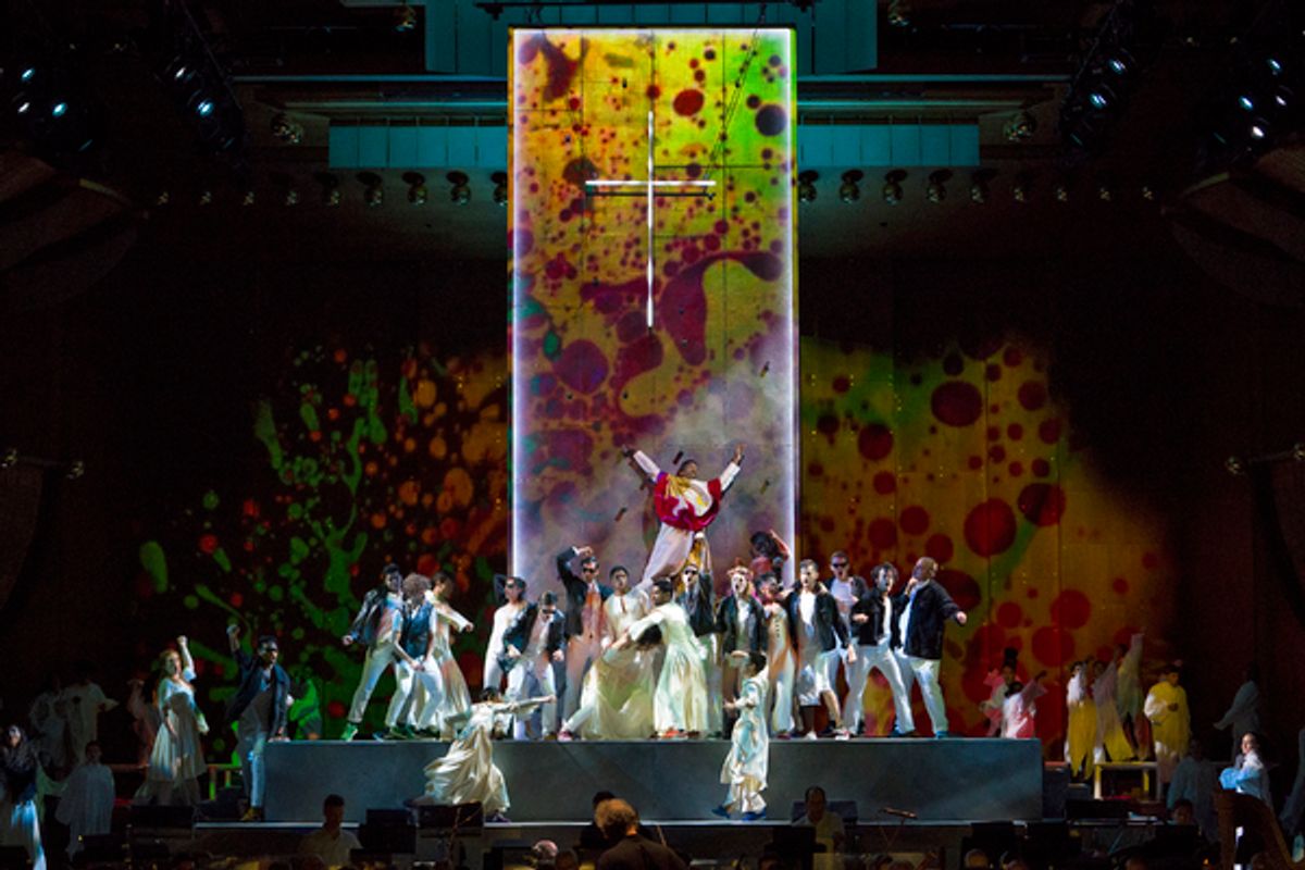 Nmon Ford, the Celebrant, Mostly Mozart Festival Orchestra Music Director Louis LangrÃ©e, and the cast and orchestra of Lincoln Centerâ€™s production of Leonard Bernsteinâ€™s MASS at 