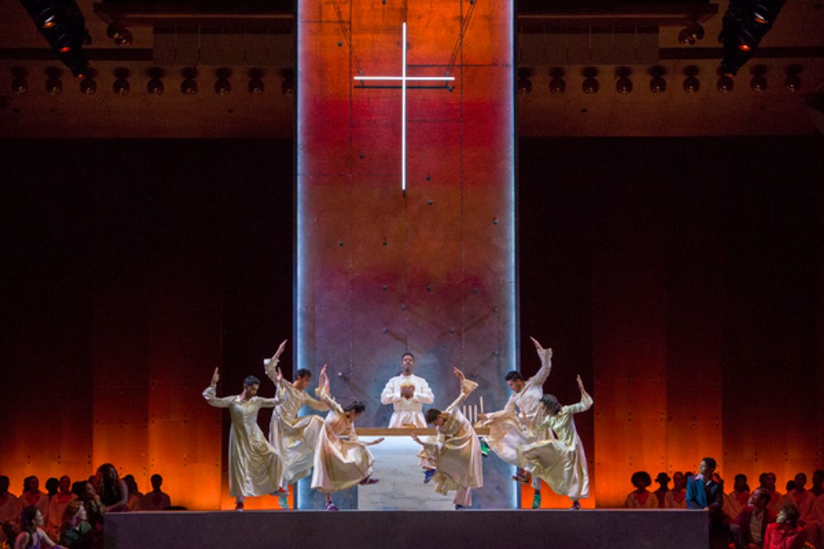 Nmon Ford, the Celebrant, and dancers in Lincoln Centerâ€™s production of Leonard Bernsteinâ€™s MASS at the 2018 Mostly Mozart Festival at 