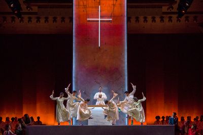 Nmon Ford, the Celebrant, and dancers in Lincoln Centerâ€™s production of Leonar Photo