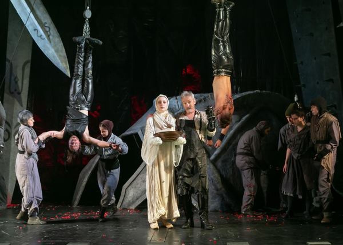 Quentin McCuiston as Chiron, Fiona Robberson as Lavinia, Bruce Cromer as Titus Andronicus, and Torsten Johnson as Demetrius with the company of Titus Andronicus. Photo credit: Jerry Dalia. at 