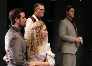 Oliver Archibald as Bassianus, Fiona Robberson as Lavinia, Robert Cuccioli as Marcus, and Kyle Walton as Aemilius. Photo credit: Jerry Dalia. @ BroadwayWorld Oliver Archibald as Bassianus, Fiona Robberson as Lavinia, Robert Cuccioli as Marcus Photo