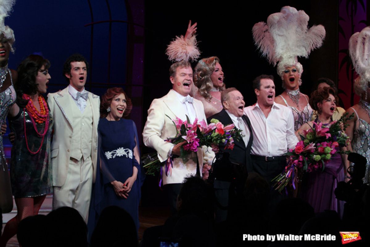 Kelsey Grammer, Jerry Herman, Douglas Hodges, Christine Andreas with ensemble cast
during the Broadway Opening Night Performance Curtain Call for  'La Cage Aux Folles'  at the Longacre Theatre in New York City.
April 18, 2010
 at 
