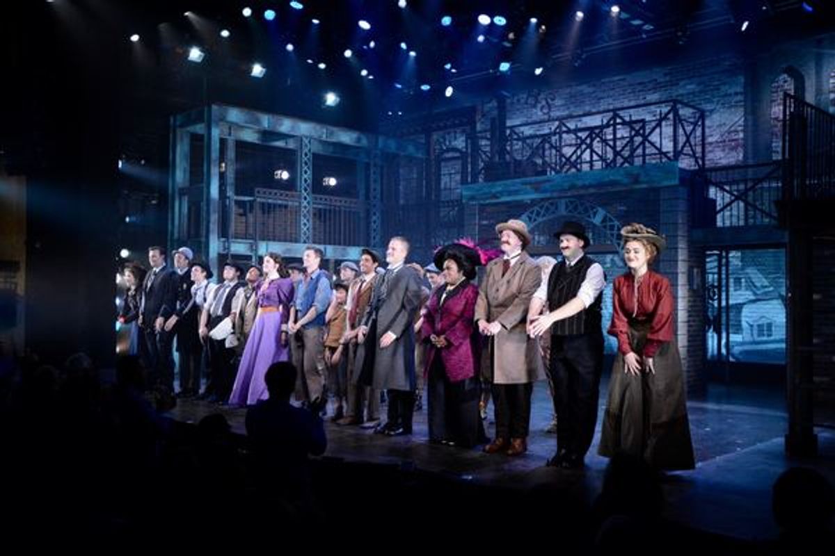 The Cast of Newsies that includes-Claire Avakian, Tommy Betz, Chris Cardelia, Maxwell Carmel, Mike Cefalo, Allyson Kaye Daniel, Maurice Dawkins, Tyler Dowdy, Justin Geiss, Morgan Harrison, Joey Kummert, Tom Lucca, Nick Martinez, Declan McDonough, Edward M at 