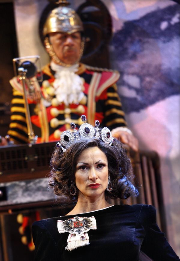 Indira Varma as Queen Marguerite, Derek Griffiths as the Guard Photo