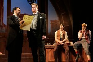 Jeff Aguiar as Seitz, Merwin Foard as Pulitzer, Jason Gotay as Jack, and Michael John Hughes as Spot Conlon @ BroadwayWorld Jeff Aguiar as Seitz, Merwin Foard as Pulitzer, Jason Gotay as Jack, and Michael John Photo