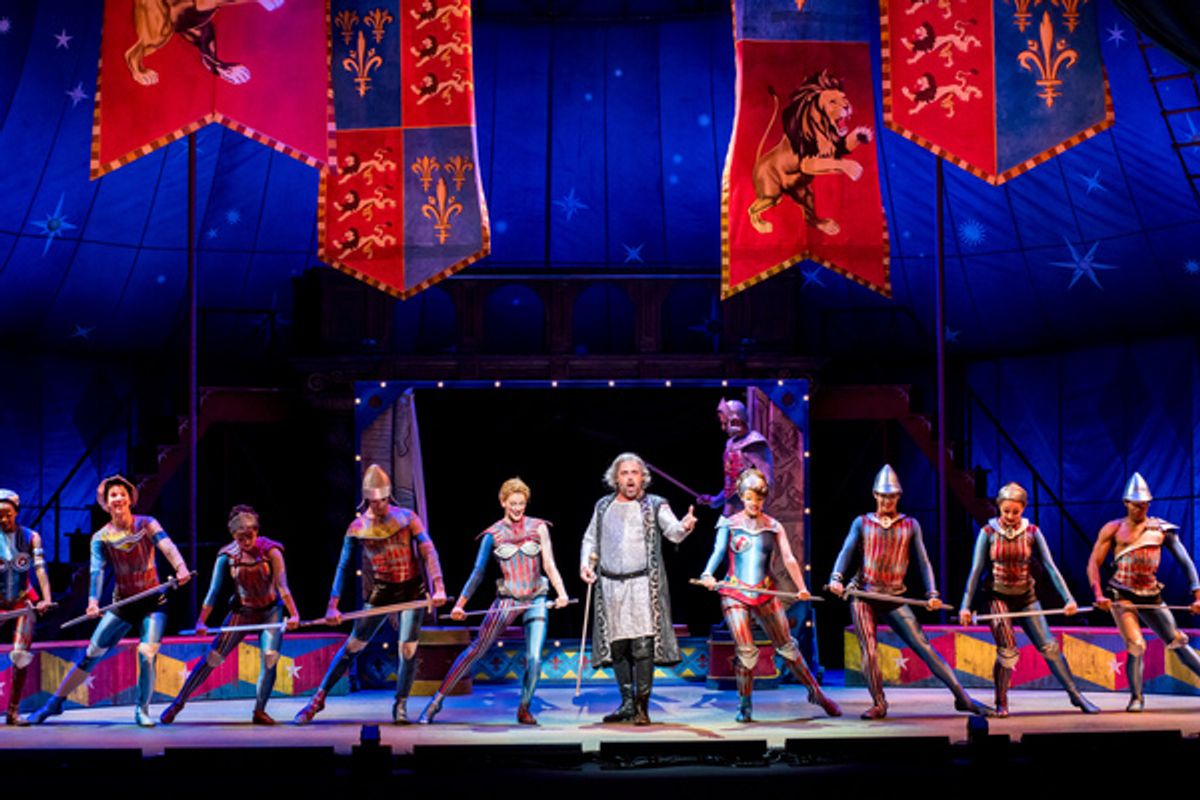 King Charlemagne (Jeffrey Coon) and company proclaim that 'War is a Science' in MTWichita's production of Pippin, playing July 25-29 at Century II.
 at 