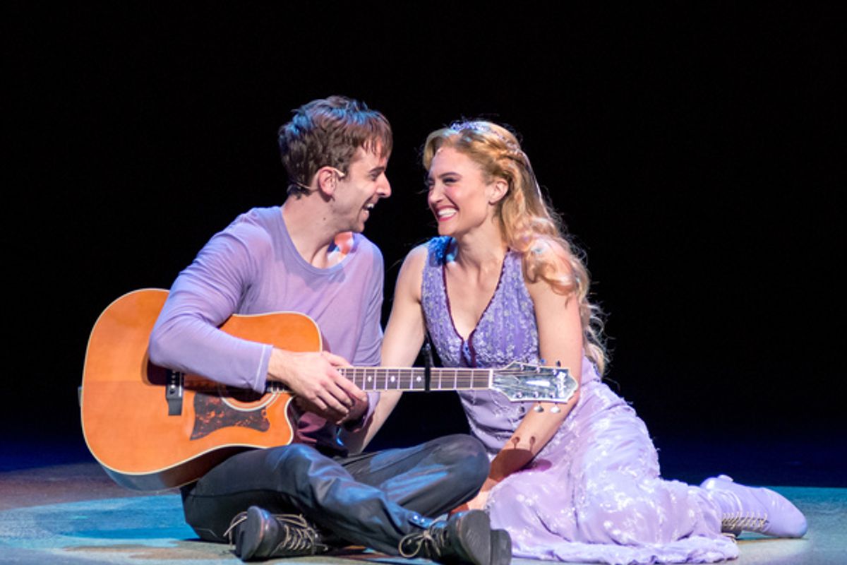 Pippin (Skyler Adams) sings a love song with romantic partner Catherine (Kristine Reese). MTWichita's production plays July 25-29; photo courtesy Jerry Fritchman.
 at 