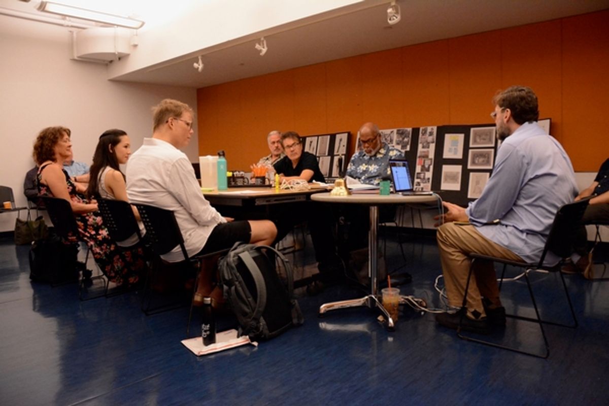 David Staller with the cast-Lenny Wolpe, Derek Smith, Raphael Nash Thompson, Tom Hewitt, Alison Fraser, Kimberly Immanuel, Karen Ziemba and Jeff Hiller at 