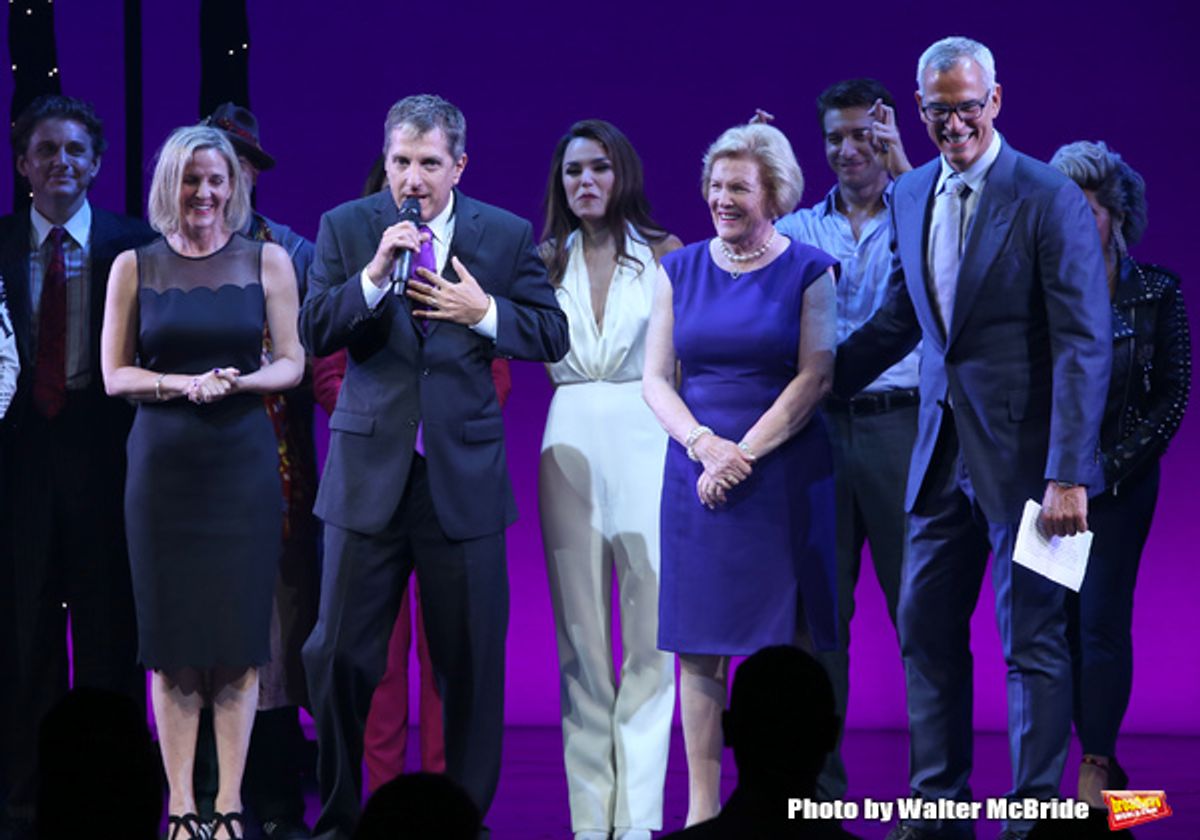 Kathleen Marshall, Sciott Marshall, Barbara Marshall and Jerry Mitchell with cast during the Curtain Call for the Garry Marshall Tribute Performance of 'Pretty Woman:The Musical' at the Nederlander Theatre on August 2, 2018 in New York City. at 