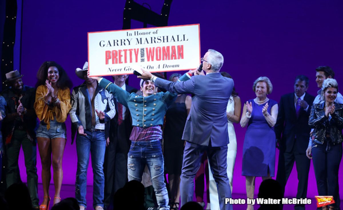 Tommy Bracco and Jerry Mitchell with cast during the Curtain Call for the Garry Marshall Tribute Performance of 'Pretty Woman:The Musical' at the Nederlander Theatre on August 2, 2018 in New York City. at 