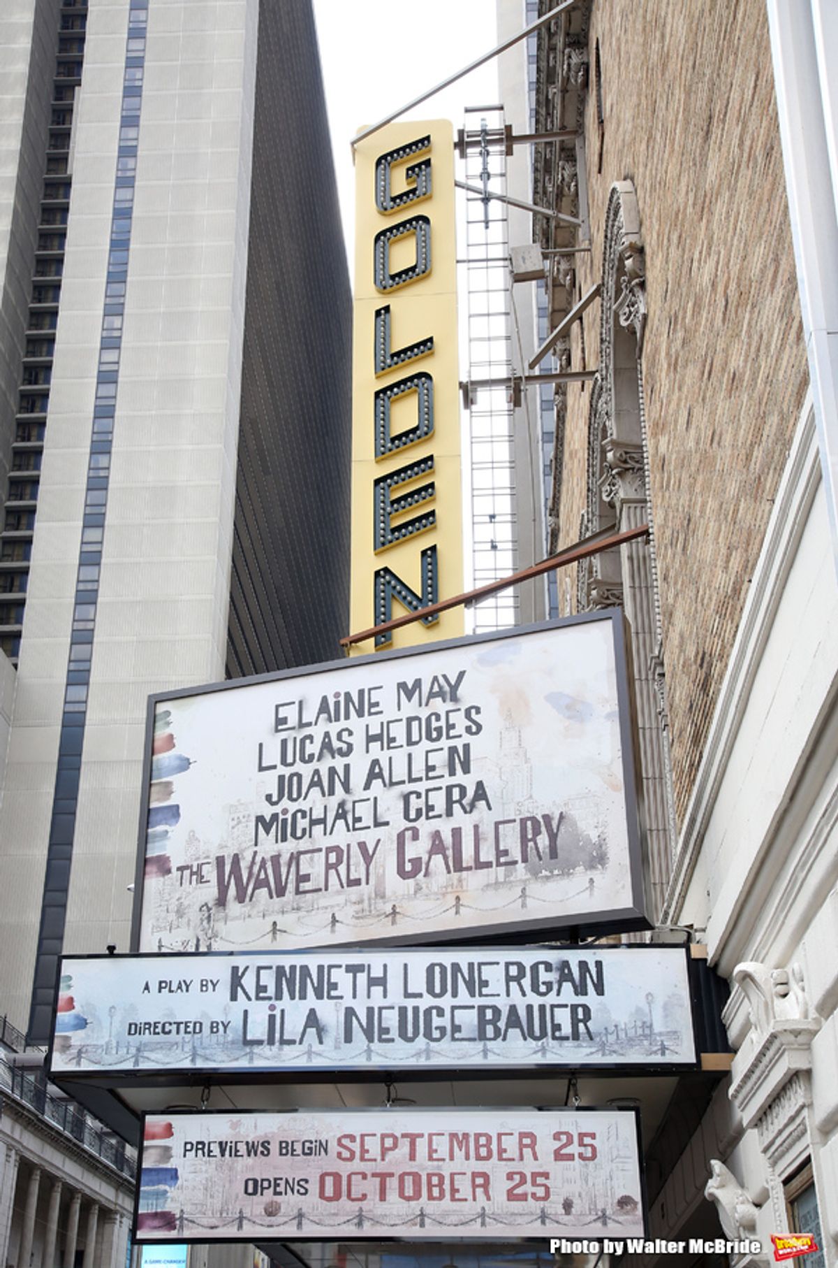 Broadway Theatre Marquee unveiling for Kenneth Lonergan's acclaimed memory play 'The Waverly Gallery' starring Elaine May, Joan Allen, Lucas Hedges and Michael Cera at the Golden Theatre on August 3, 2018 in New York City. at 