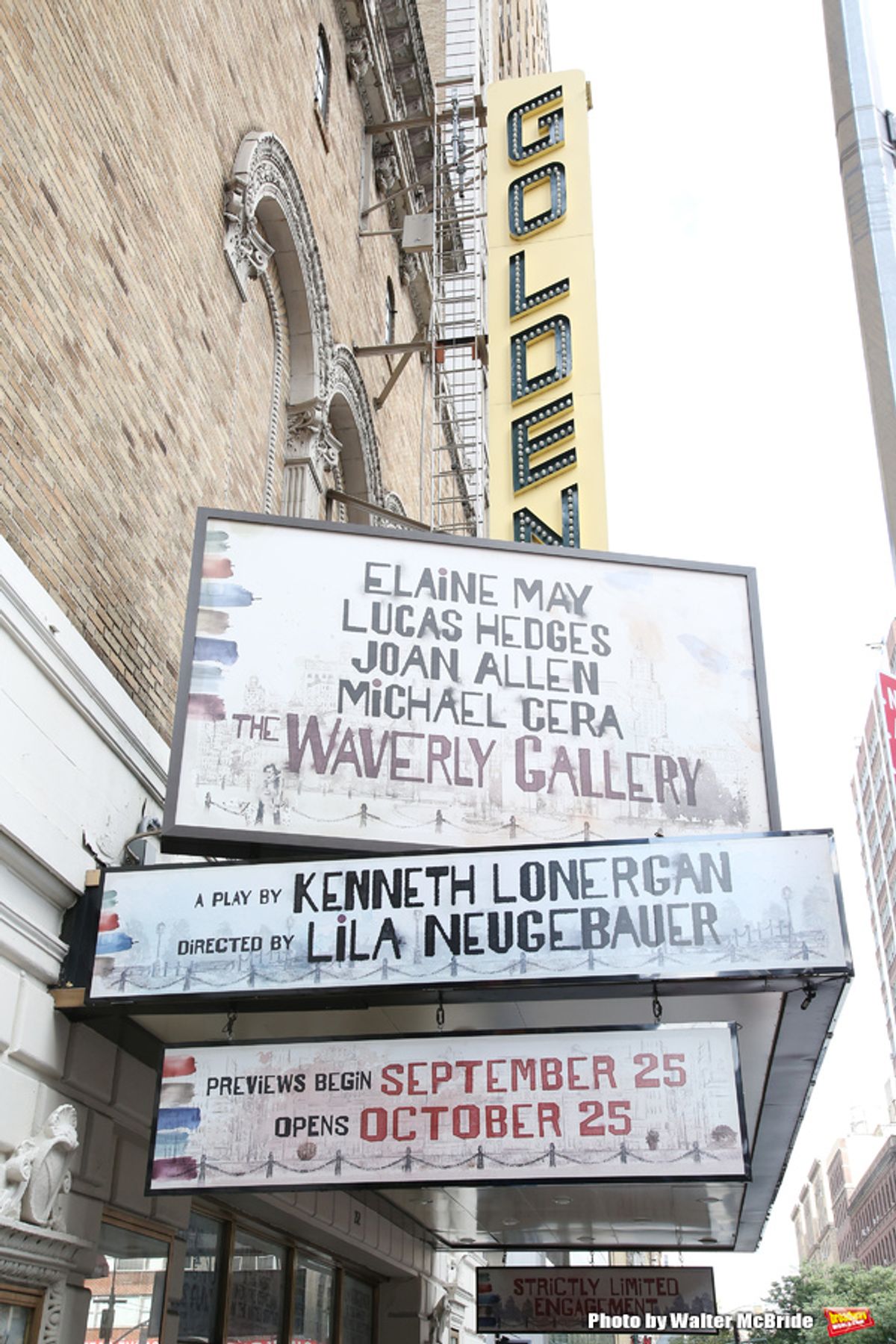 Broadway Theatre Marquee unveiling for Kenneth Lonergan's acclaimed memory play 'The Waverly Gallery' starring Elaine May, Joan Allen, Lucas Hedges and Michael Cera at the Golden Theatre on August 3, 2018 in New York City. at 