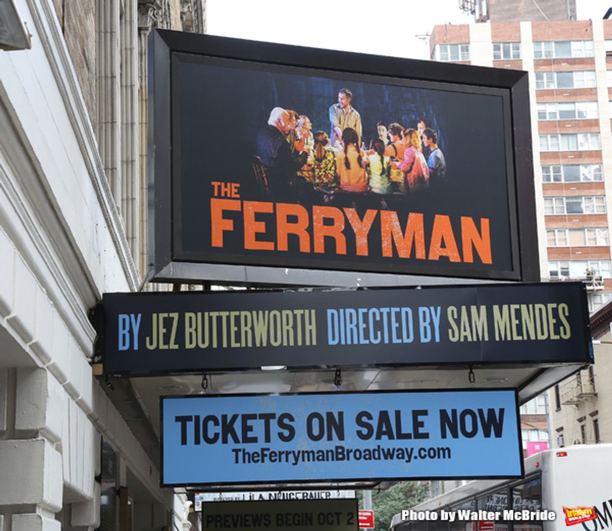 Broadway Theatre Marquee unveiling of the Jez Butterworth play 'The Ferryman' directed by  Sam Mendes at the Jacobs Theatre on August 3, 2018 in New York City. at 