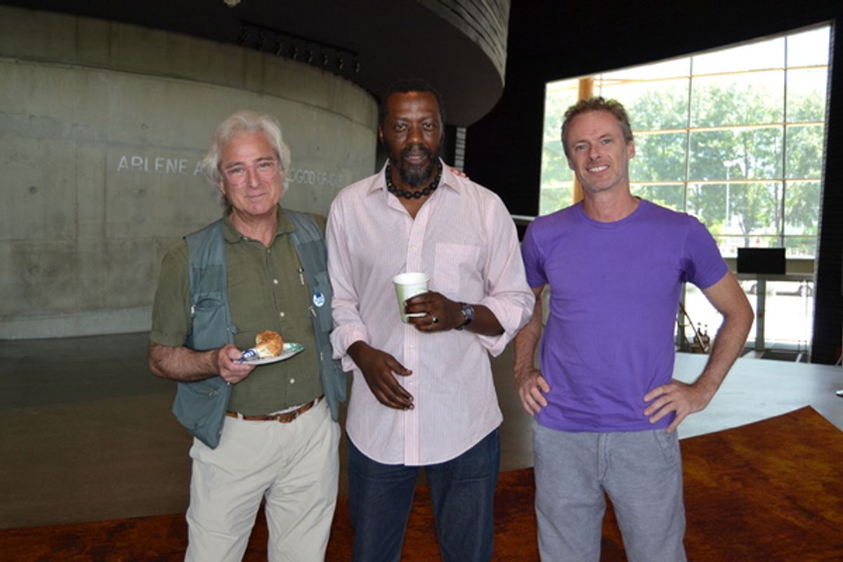 Director John Gould Rubin, Edwin Lee Gibson (Dick Gregory) and John Carlin (Stand-up Comic/Emcee/Interviewer/Gospel Singer/ Heckler/Cabbie)  at 