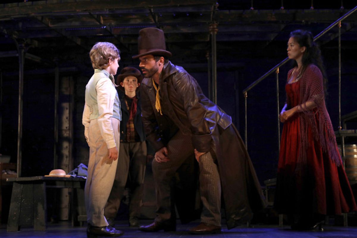 Elijah Rayman (Oliver Twist) and Brandon Andrus (Bill Sikes) with Gavin Swartz (The Artful Dodger) and EJ Zimmerman (Nancy) in Goodspeed Musicalsâ€™ Oliver! at 
