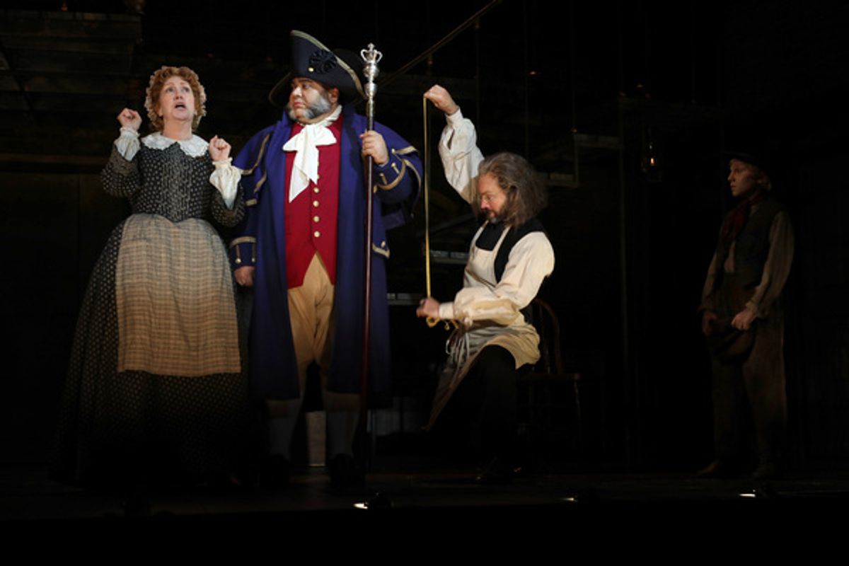 â€"Thatâ€™s Your Funeralâ€ Karen Murphy (Mrs. Sowerberry), Richard Henry (Mr. Bumble), Jamie LaVerdiere (Mr. Sowerberry) and Elijah Rayman (Oliver Twist) in Goodspeed Musicalsâ€™ Oliver! at 