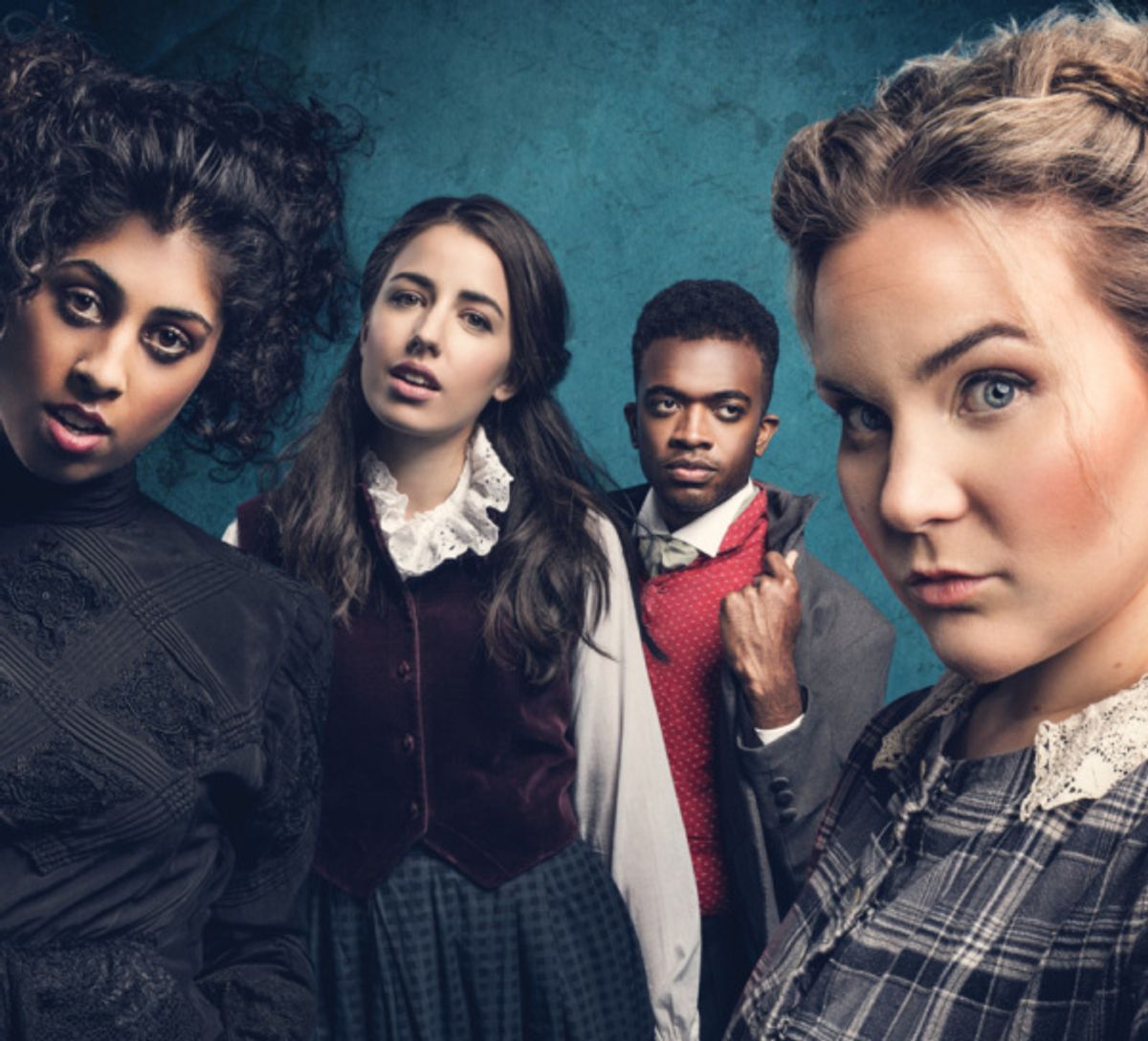 Siobhan Athwal as Emily Bronte, Molly Lynch as Anne Bronte, Matthew Jacobs Morgan as Branwell Bronte and Natasha Barnes as Charlotte Bronte at 