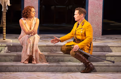 Sara Topham as Beatrice and Michael Hayden as Benedick Photo