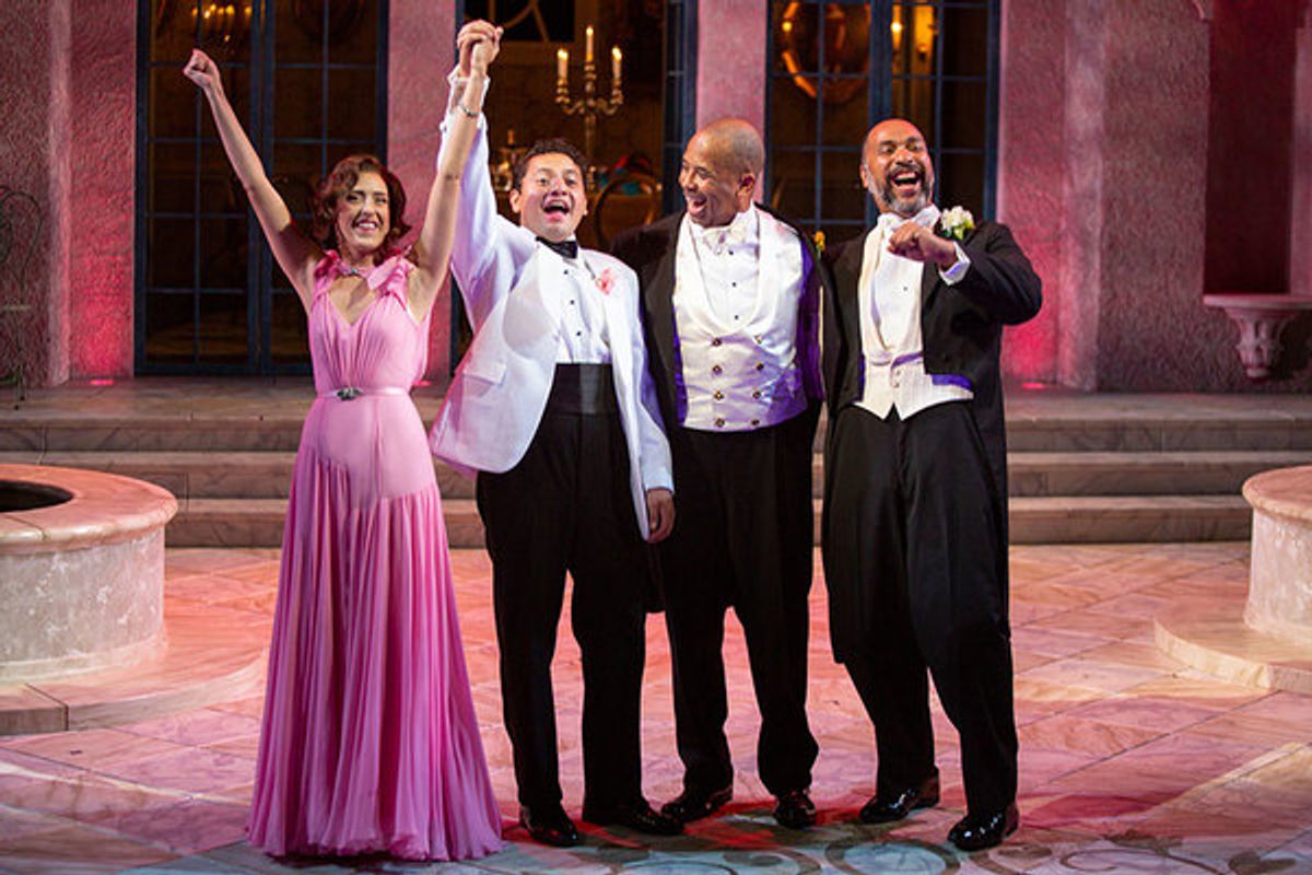 Morgan Taylor as Hero, Carlos Angel-Barajas as Claudio, Michael Boatman as Don Pedro, and RenÃ© Thornton Jr. as Leonato at 